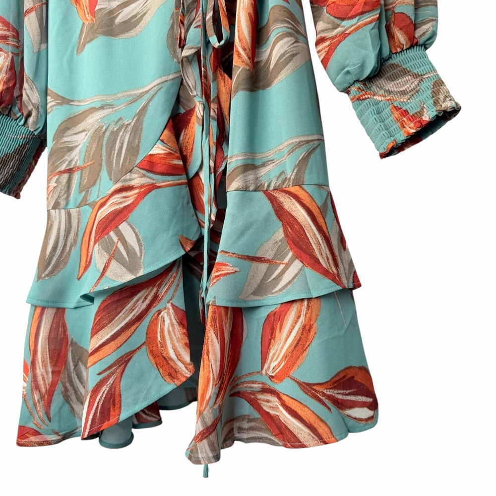 NWT Boutique Long Sleeve Blue & Orange Flowy Floral Wrap Mini Dress, Sm, M, Lg - Picture 8 of 9